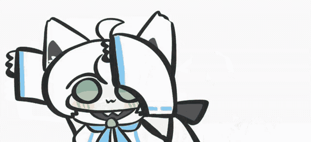 a cartoon drawing of a white cat with green eyes and a bow .