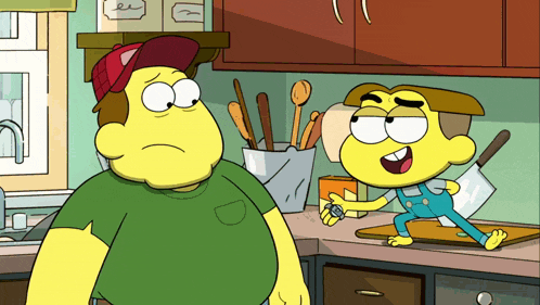 two cartoon characters are standing next to each other in a kitchen and one is holding a knife
