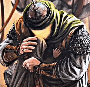 a painting of a man kneeling down holding a child 's hand .