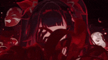 a close up of a anime girl with red eyes covering her face with her hands .
