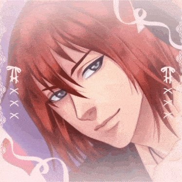 a close up of a red haired anime character with the letters xxx on it