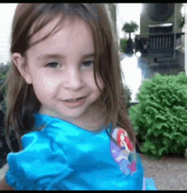 a little girl wearing a blue dress with a mermaid on it