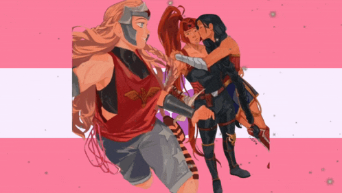 a woman in a red tank top is kissing another woman