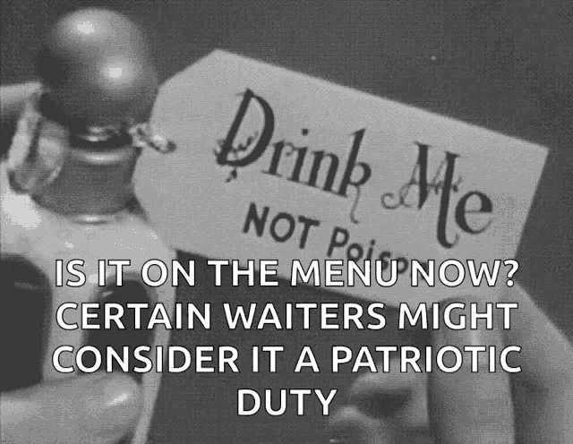 a person holding a sign that says drink me not prior