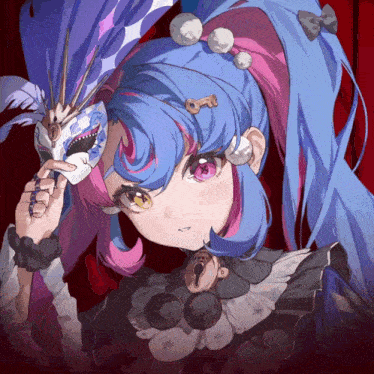 a girl with blue and pink hair wearing a mask