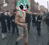a cartoon character with green hair is walking down the street