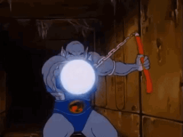 a cartoon character is holding a red stick and a light .