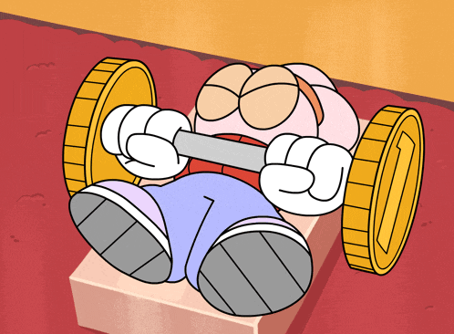 a cartoon character is lifting a barbell with two gold coins behind it