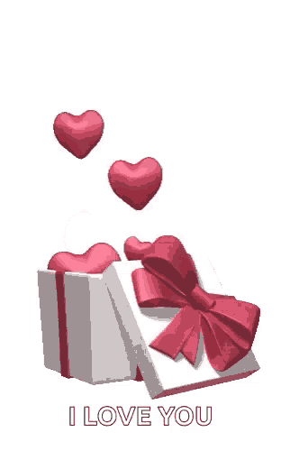 a white gift box with a red ribbon and hearts coming out of it .