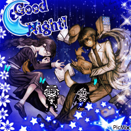 a picture of a girl and a man reading books with the words good night written above them
