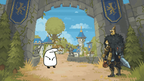 a pixel art drawing of a warrior and a monster standing in front of a castle