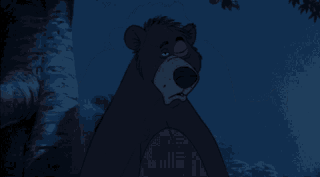 a cartoon bear with a pink nose is standing in a dark forest