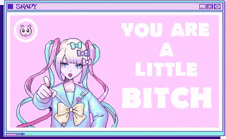 a pixel art of a girl pointing at the camera with the words `` you are a little bitch '' written above her .