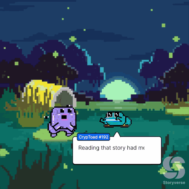 a pixel art drawing of a frog and a purple toad with the words reading that story had me hopping fam