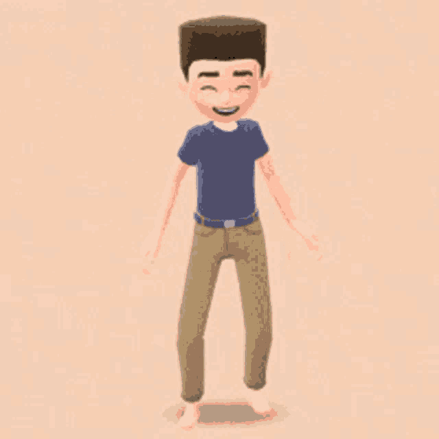 a cartoon character wearing a blue shirt and khaki pants is standing