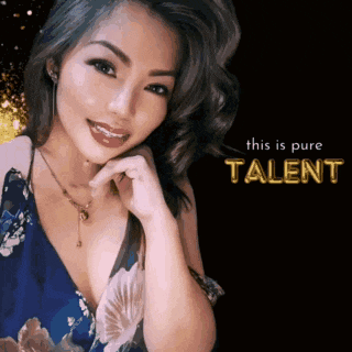 a woman in a blue dress with the words " this is pure talent " on the bottom