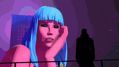 a pixel art of a woman with blue hair and a man in the background