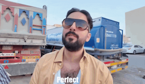 a man wearing sunglasses stands in front of a truck that says perfect on the back