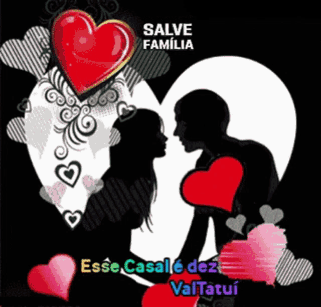 a picture of a man and woman in front of a heart with the words salve familia on it