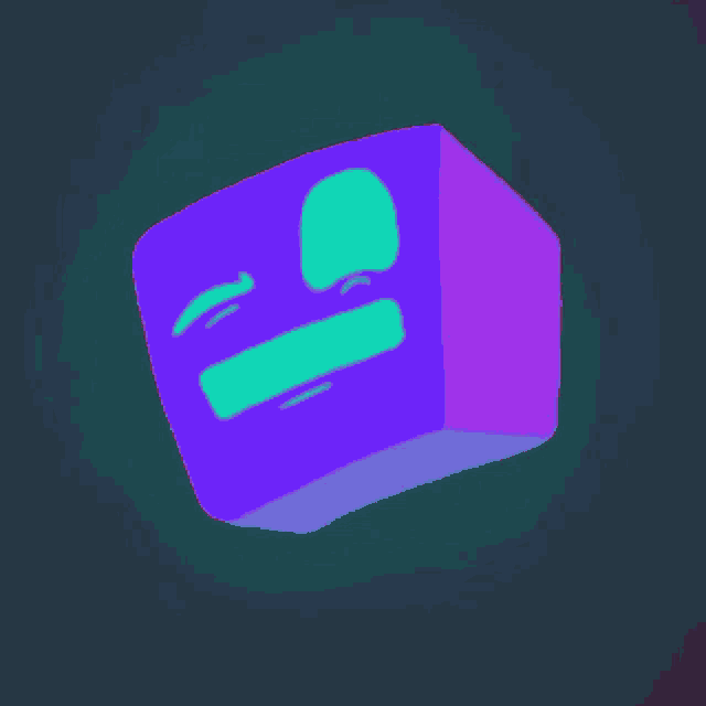 a purple and green cube with a face on it