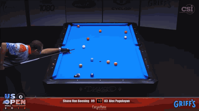 a pool table sponsored by griff 's is being played