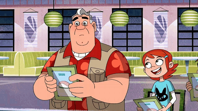 a man and a girl in a cartoon are holding a menu