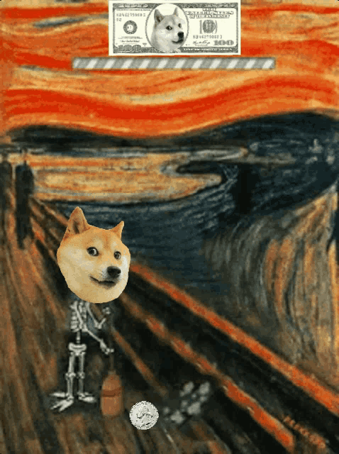 a painting of a doge with a skeleton and a 100 dollar bill