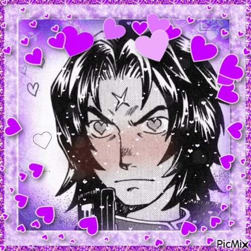 a picture of a man with a star on his forehead surrounded by pink hearts