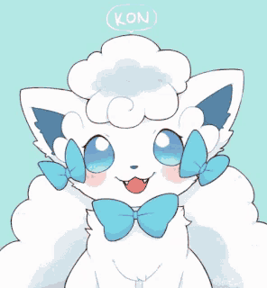 a cartoon drawing of a white furry animal with the word kon above it