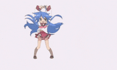 a girl with long blue hair is dancing in a red skirt .