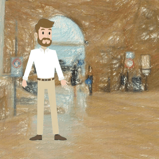 a man in a white shirt and khaki pants is standing in front of a sign that says no parking