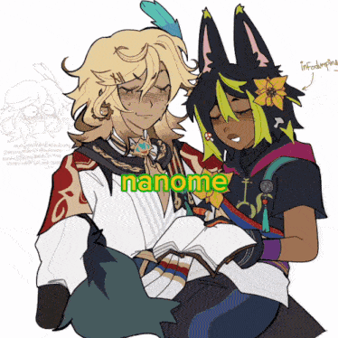 a drawing of two anime characters with the word nanome on the bottom right