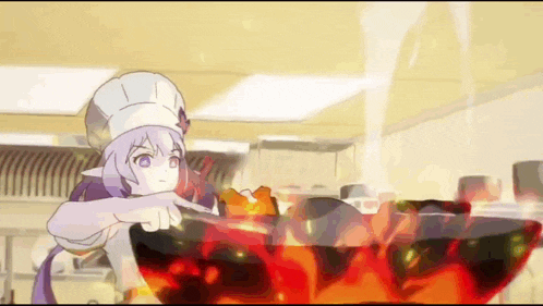 a girl in a chef 's hat is stirring a pot of food .