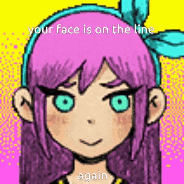 a pixel art of a girl with purple hair and blue eyes