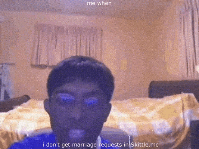 a man sitting in front of a bed with the words i don t get marriage requests
