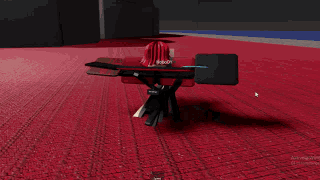 a girl with red hair is sitting in a chair in a video game with the name nobody on it