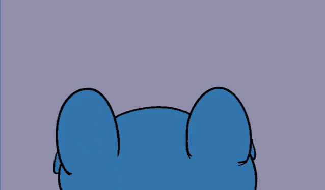 a blue cartoon character with red eyes and a yellow v on his head