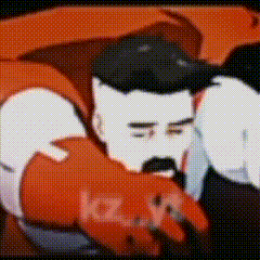 a cartoon of a man with a mustache wearing red gloves and a cape .