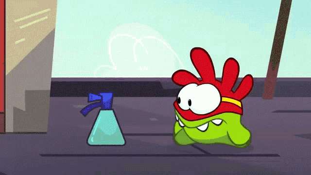 a cartoon character with red gloves and a spray bottle