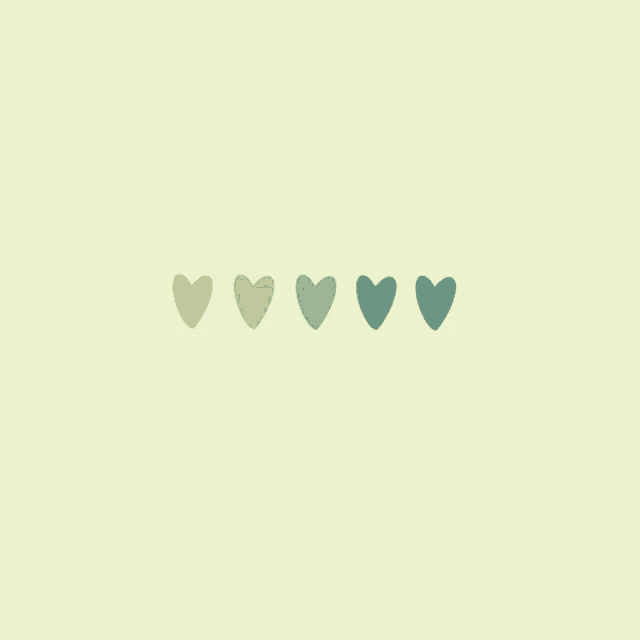 a row of green hearts are lined up on a white background