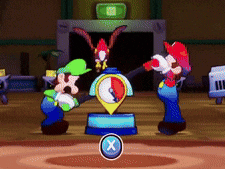 mario and luigi are playing a video game with a x in the middle