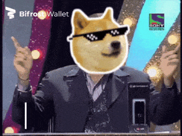 a man in a suit has a doge face on his face and the words bifrost wallet on the bottom