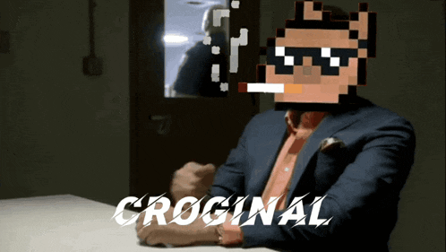 a man in a suit is sitting at a table with the word croginal on the bottom right