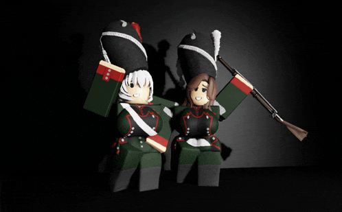 a couple of soldiers standing next to each other with one holding a rifle