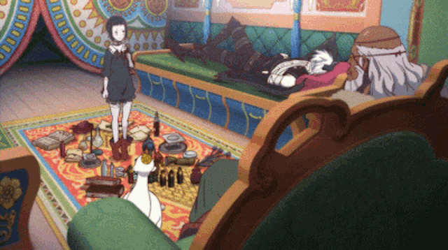 a girl standing in a room with a couch and a cat