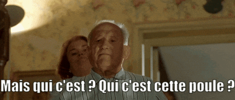 a man and woman are standing next to each other with the words mais qui c ' est qui c ' est cette poule