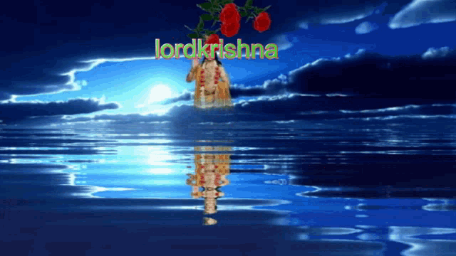 a computer generated image of lord krishna with roses in the background