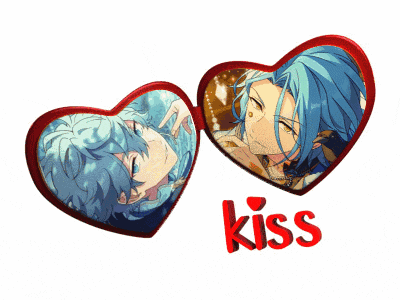 a couple of hearts with the word kiss in red