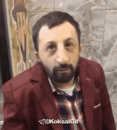 a man with a beard is wearing a red jacket and plaid shirt