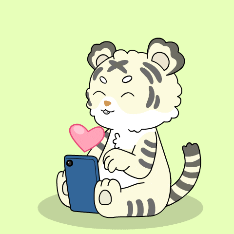 a cartoon drawing of a tiger using a cell phone with a heart in the background